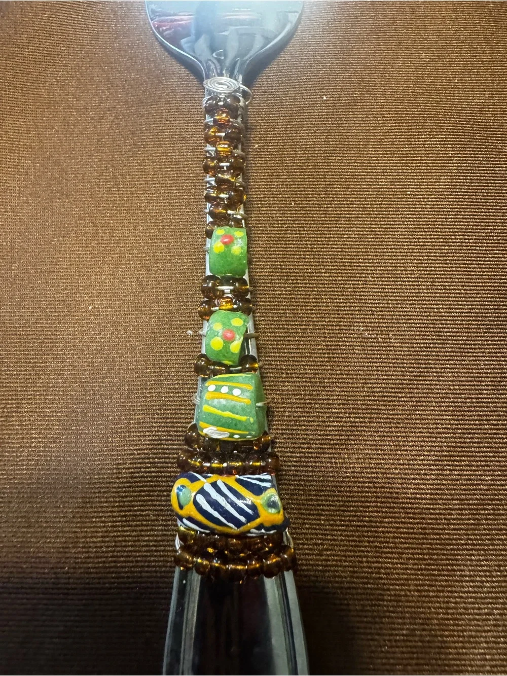Farberware Stainless Steel Plum Green Glass Bead Wire Wrapped Serving Fork